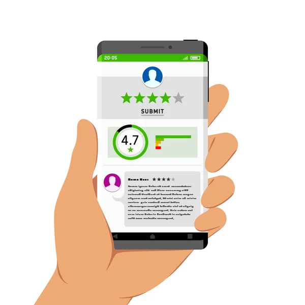 Hand Holding Smartphone App Feedback Rating Interface Its Screen Flat — Stockový vektor