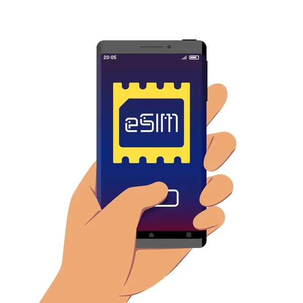 Ręczne Trzymanie Smartfona Chipem Esim Znak Ekranie Płaski Styl Projektowania — Wektor stockowy