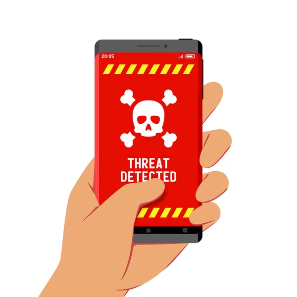 Smartphone Mano Con Advertencia Detección Amenazas Malware Pantalla Ilustración Estilo — Vector de stock