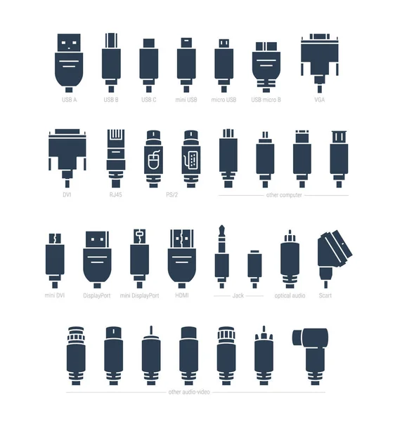 Audio Video Computer Cable Connectors Vector Icon Set Glyph Style — Stock Vector