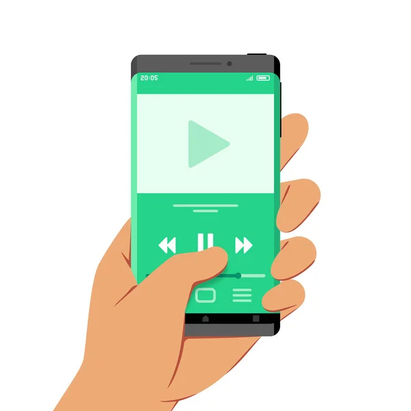 Mano Che Tiene Smartphone Con Applicazione Del Lettore Multimediale Audio — Vettoriale Stock