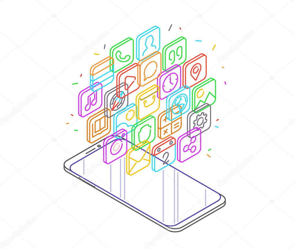 Modern Smartphone with Cloud of Mobile Apps over It. Isometric Vector Illustration