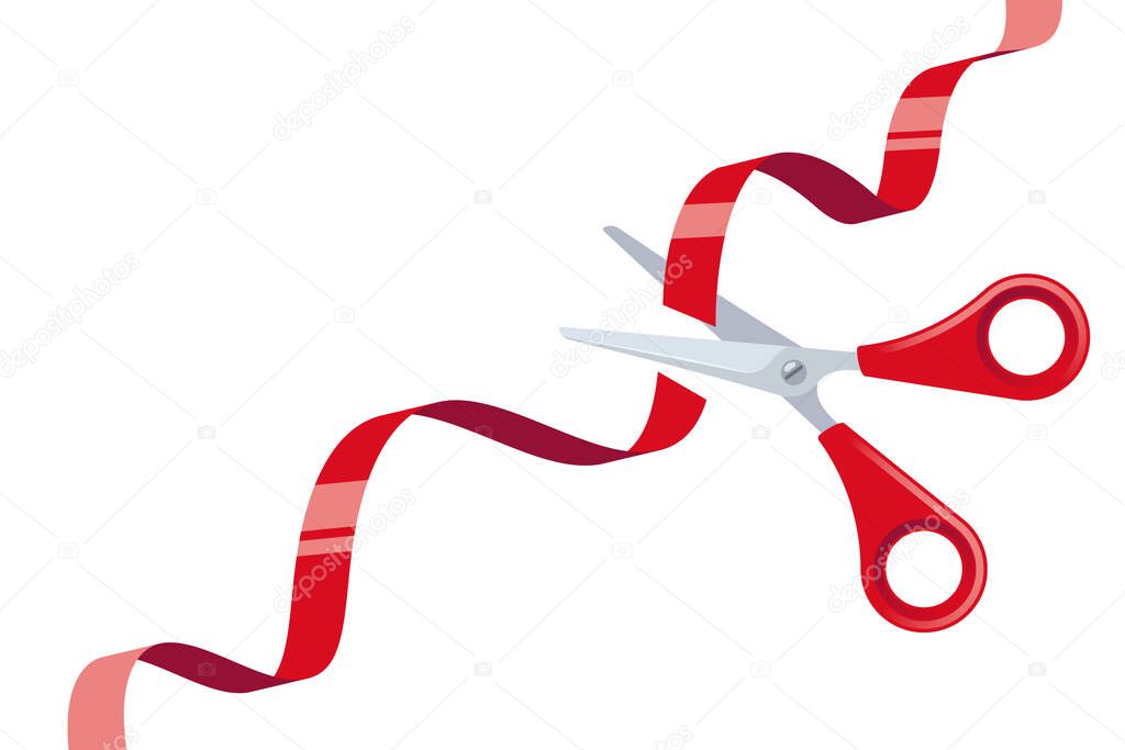 Cut Red Ribbon and Stainless Steel Scissors with Red Handles over White Background