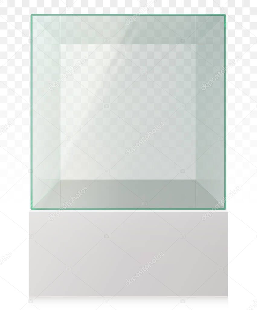 Vector Realistic Empty Transparent Glass Cube on Pedestal