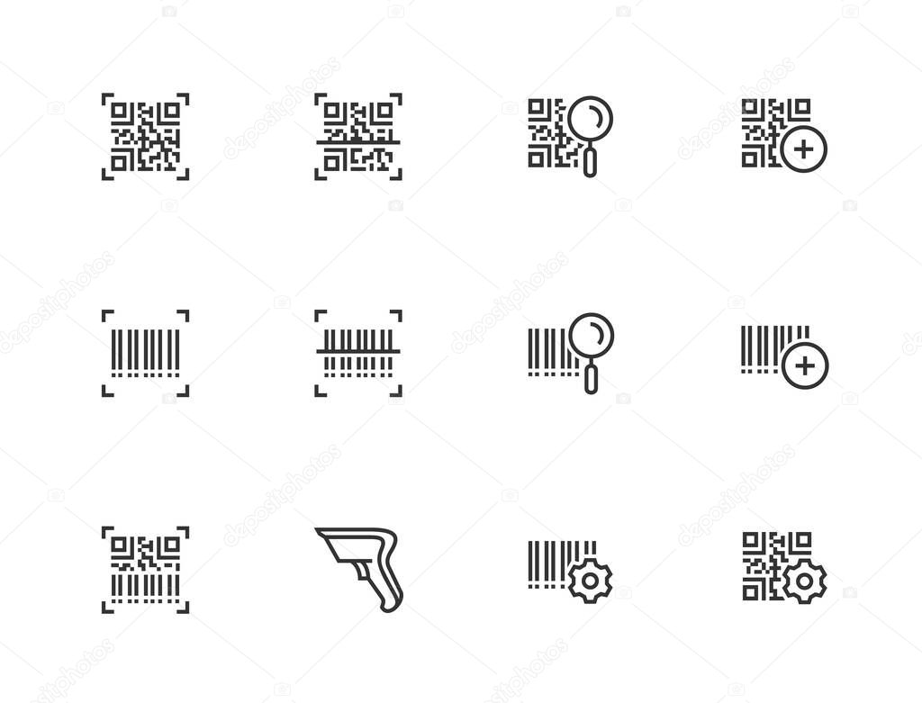QR Code and Barcode Scanning Related Vector Icon Set in Outline Style