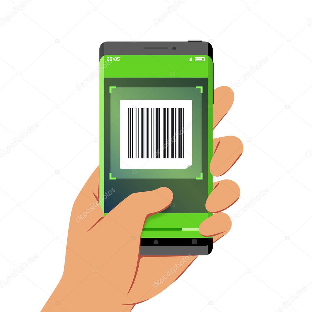 Hand Holding Smartphone With Barcode Scanner Application on Its Screen, Flat Design Style Illustration