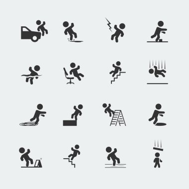 Signs showing a stick figure man and various forms of trips, slips, and falls clipart