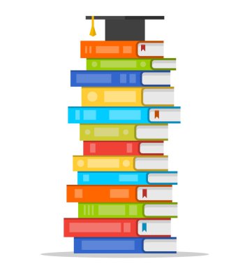 Üzerinde kare akademik başlık olan bir sürü renkli kitap. Vektör düz tasarım çizimi