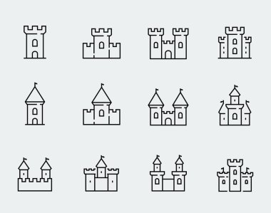 Vector medieval castles icon set in thin line style clipart