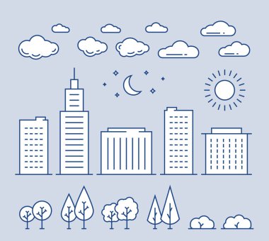İnce çizgili peyzaj elemanları vektör simgeleri ayarlandı. Çizgi binaları, ağaçlar, çalılar, bulutlar, güneş, ay ve yıldızlar. Çizim şablonu çizimi