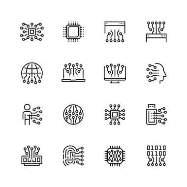 Elektronik devre ve çip vektör simgesi ince çizgi biçiminde ayarlandı