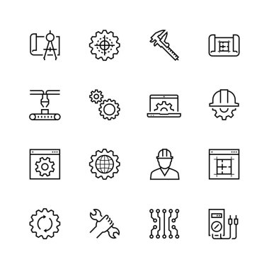 Mühendislik ve üretim vektör simgesi ince çizgi biçiminde ayarlandı