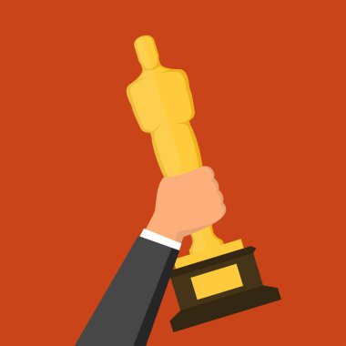Kırmızı arka planda altın ödüllü heykeli tutan el. Düz tasarım biçimi illüstrasyonu