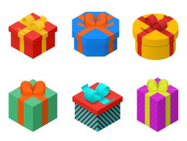 Renkli hediye ve kurdeleli hediye kutuları. İzometrik vektör illüstrasyonu