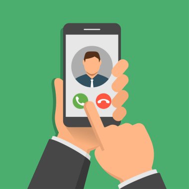 Akıllı telefon ekranından gelen arama. Bir elinde akıllı telefon ve parmak ekranı var. Düz tasarım vektör çizimi