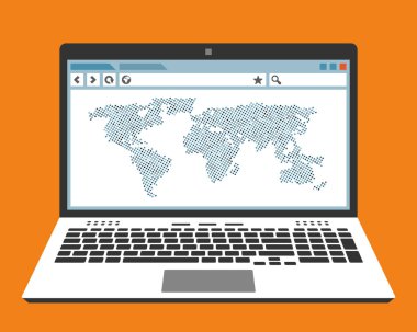 Bilgisayar ve dünya haritası web tarayıcı penceresindeki ekranda. Düz tasarım vektör çizimi