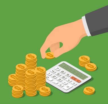 Hesap makinesinin ve bozuk para yığınının iztrik vektör çizimi. Vergiler ve tasarruf kavramı