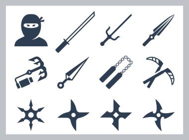 Ninja ve ninja silah vektör simgesi ayarlandı