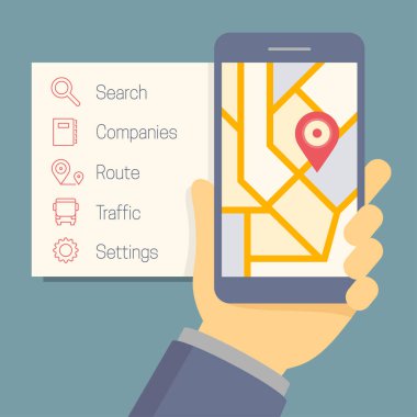 Düz biçimli vektör çevrimiçi navigatör konsepti, ekranda harita ve işaretçiyle el ele tutuşan cep telefonu, kenarda seçenekler simgeleri