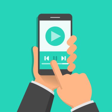 Akıllı telefon ekranında ortam oynatıcı uygulaması. Bir elinde akıllı telefon ve parmak ekranı var. Düz tasarım vektör çizimi