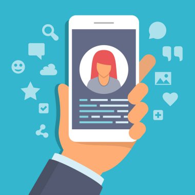 Sosyal ağ uygulaması ile el ele tutuşan telefon, düz tasarım illüstrasyon