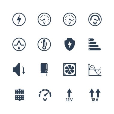 PSU or power supply unit for desktop computer vector icon set. Protections and features clipart