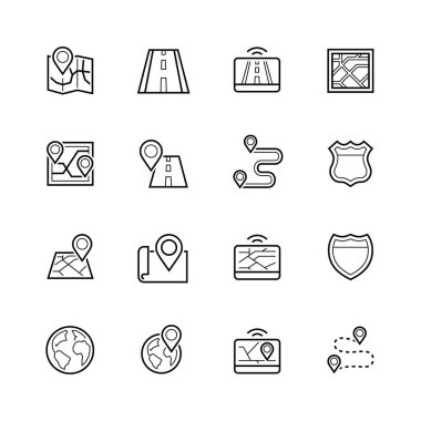 Navigasyon, yön, harita, trafik ince çizgi simgesi seti