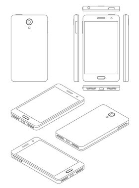 İnce çizgi biçimli akıllı telefon modeli, izometrik görünüm, arka, ön ve tüm kenarlar, çizgi kalınlığı ayarlanabilir
