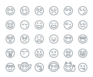 Set of thin line smile emoticons or smileys on a white background. Icon collection clipart