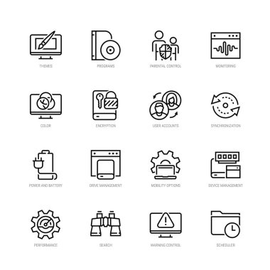 İşletim sistemi ve yönetim vektör simgesi ince çizgi biçiminde ayarlandı