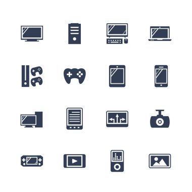 Elektronik ve aygıt simgesi seti: monitör, vak 'a, monoblock, laptop, konsol, gamepad, tablet, akıllı telefon, pc, okuyucu, navigatör, kaydedici, taşınabilir konsol, hd player, mp3 player, fotoğraf çerçevesi