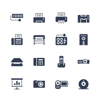 Elektronik ve aygıtlar simgesi seti: dalga bastırıcı, yazıcı, parçalayıcı, çok fonksiyonlu aygıt, faks, çizici, UPS, tarayıcı, telefon, projektör, ekran, fotoğraf kamerası, video kamera, web kamerası