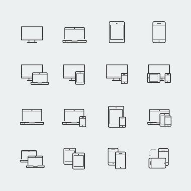 Bilgisayar monitörü, akıllı telefon, tablet ve dizüstü bilgisayar için ilgili web tasarım simgeleri