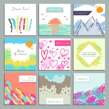 Yaratıcı kare davetiye seti, tebrik kartı, tatmin edici kartlar. El çizimi. Poster, pankart, broşür, broşür için tasarım