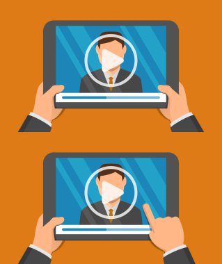 Tablet ekranda video oynatıcı uygulaması ve üzerinde adam var. Webinar, online konferans, e-öğrenme konsepti. Düz tasarım vektör çizimi