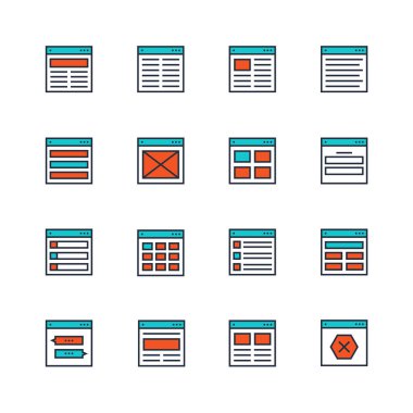 İnce çizgi biçiminde web sitesi veya uygulama wirefram şablonu ve tasarım renklendirme simgeleri