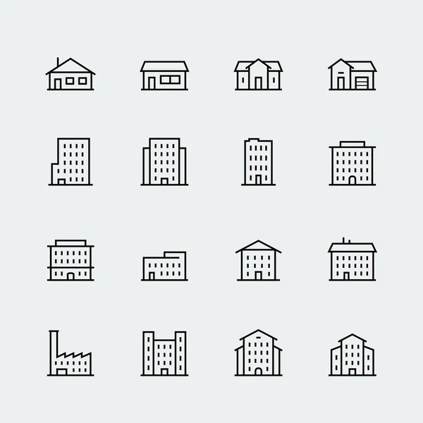 Edificios Icono Vectorial Conjunto Estilo Línea Delgada — Vector de stock
