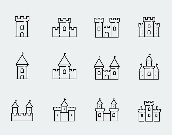 Vector Medieval Castles Icon Set Thin Line Style — Stock Vector