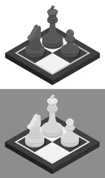 Ikone Des Isometrischen Schachkonzepts Schachbrett Und Schachritter Bauer Und König — Stockvektor