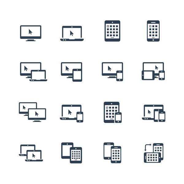 Conjunto Iconos Dispositivo Teléfonos Inteligentes Tabletas Computadoras Portátiles Computadoras Escritorio — Archivo Imágenes Vectoriales