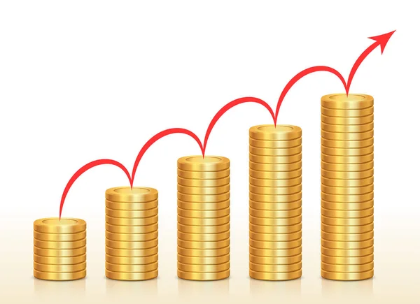 Columns Coins Red Arrow Them Growing Bar Graph Concept — Stock Vector