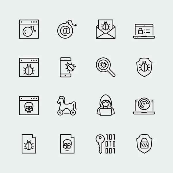 Computer Virus Digital Protection Hacker Attack Icon Set — Stock Vector