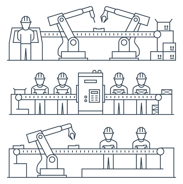 输送带 工人和工业制造机器人 以细线形式表示的矢量图解 — 图库矢量图片