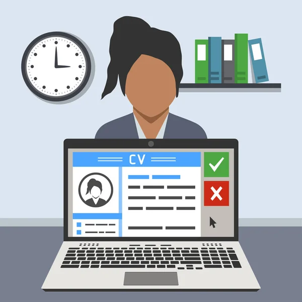 Job Interview Concept Curriculum Vitae Screen Laptop Woman — Stock Vector