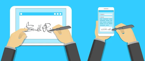 Digitale Handtekening Concept Ondertekening Tablet Smartphone — Stockvector