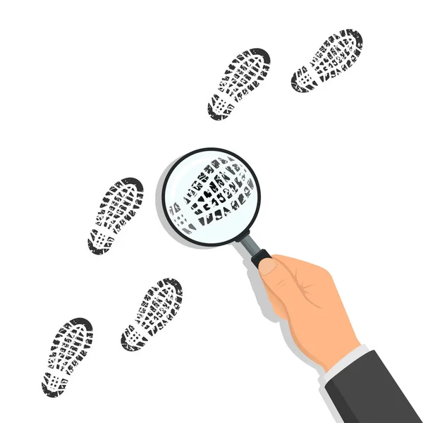 Hand Holding Magnifying Glass Footprints White Background Vector Illustration Flat — Stock Vector