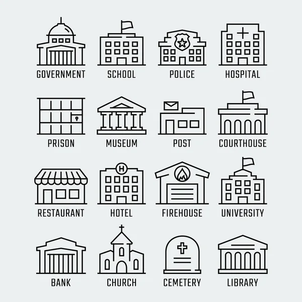 Government Buildings Vector Icon Set Thin Line Style — Stock Vector
