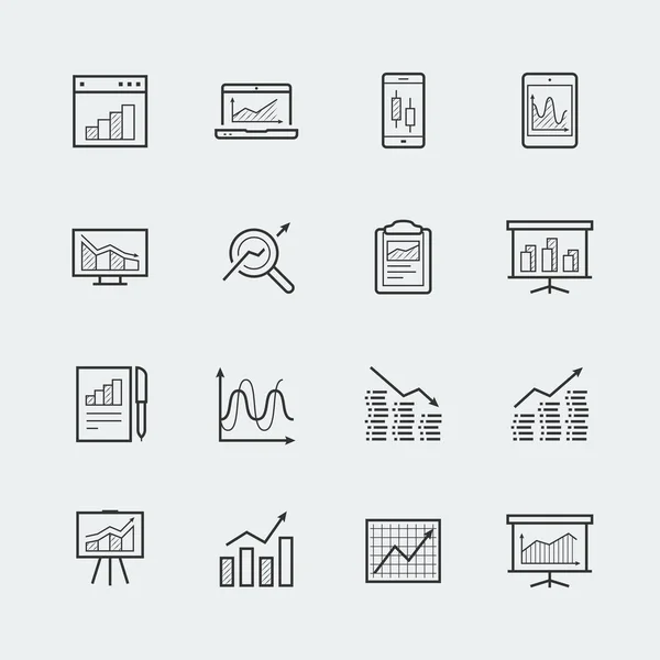 Devices Objects Charts Graphs Icon Set Thin Line Style — Stock Vector