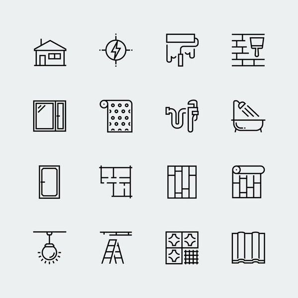 Vector icon set of home decorating,overhaul and repair in thin line style