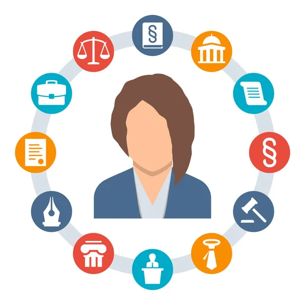 Woman Lawyer Law Concept Vector Icons — Stock Vector